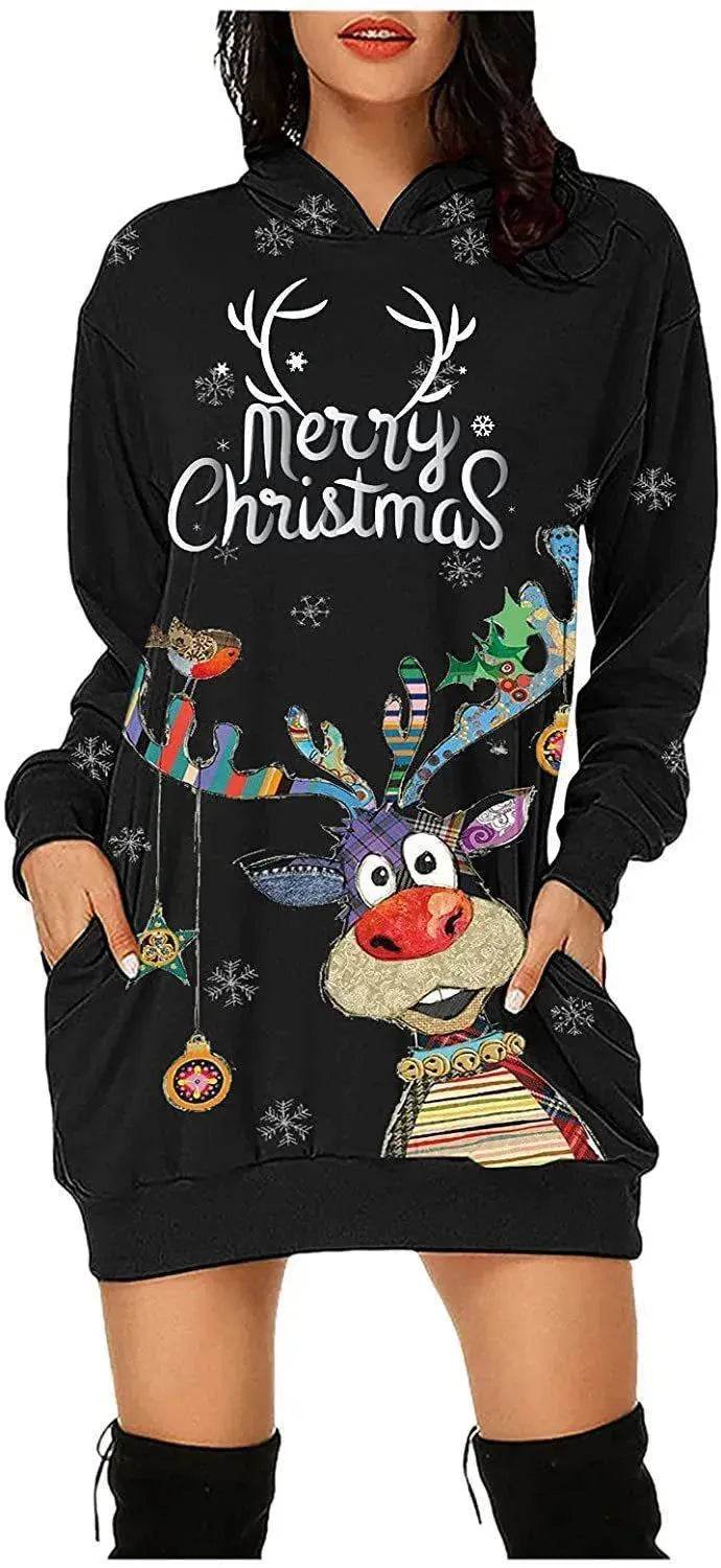 Women's Long-sleeved Christmas Hoodie Sweatshirt Dress Winter - Velora