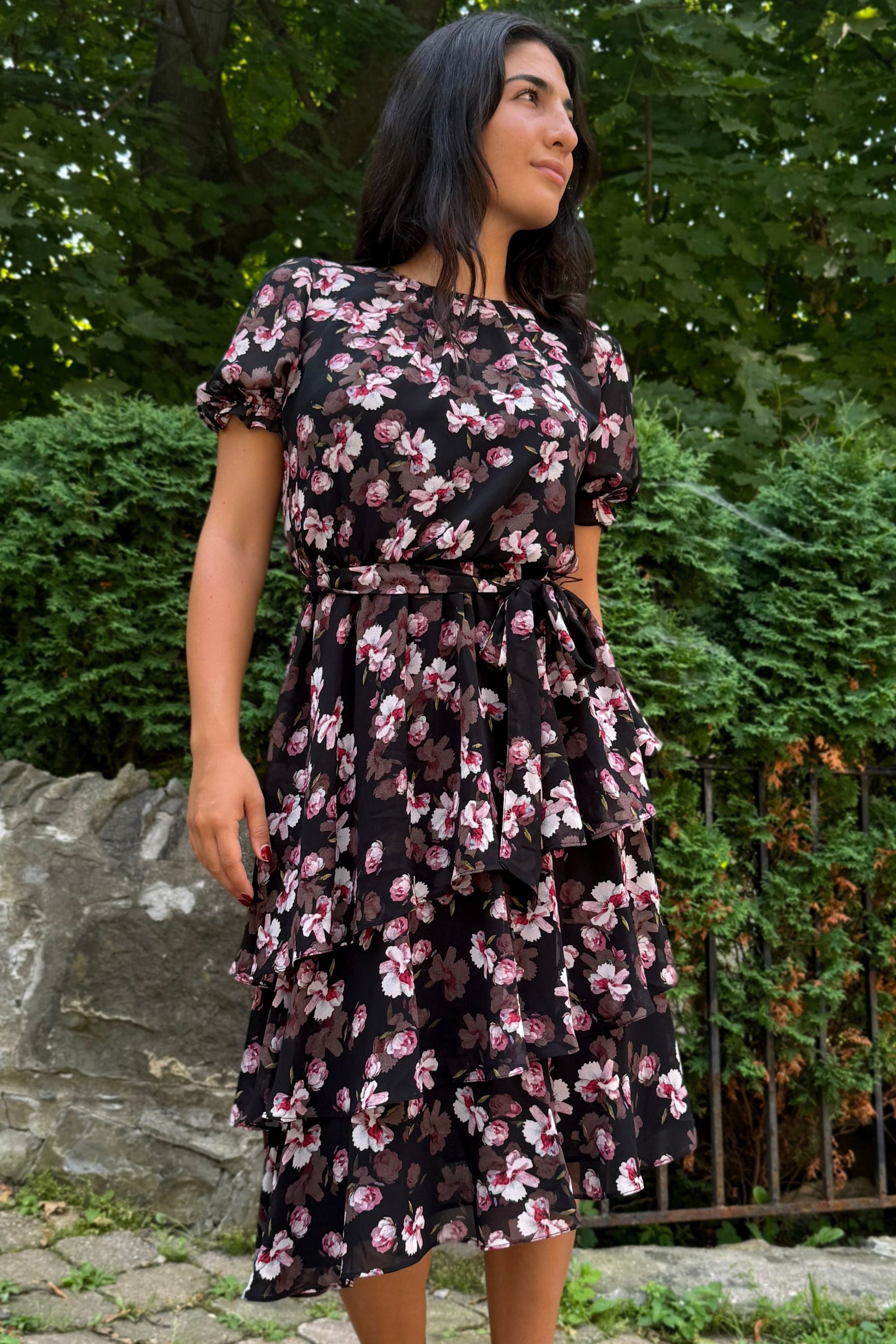 Catalina Black Floral Dress with Layered Hemline - Velora Luxury Fashion