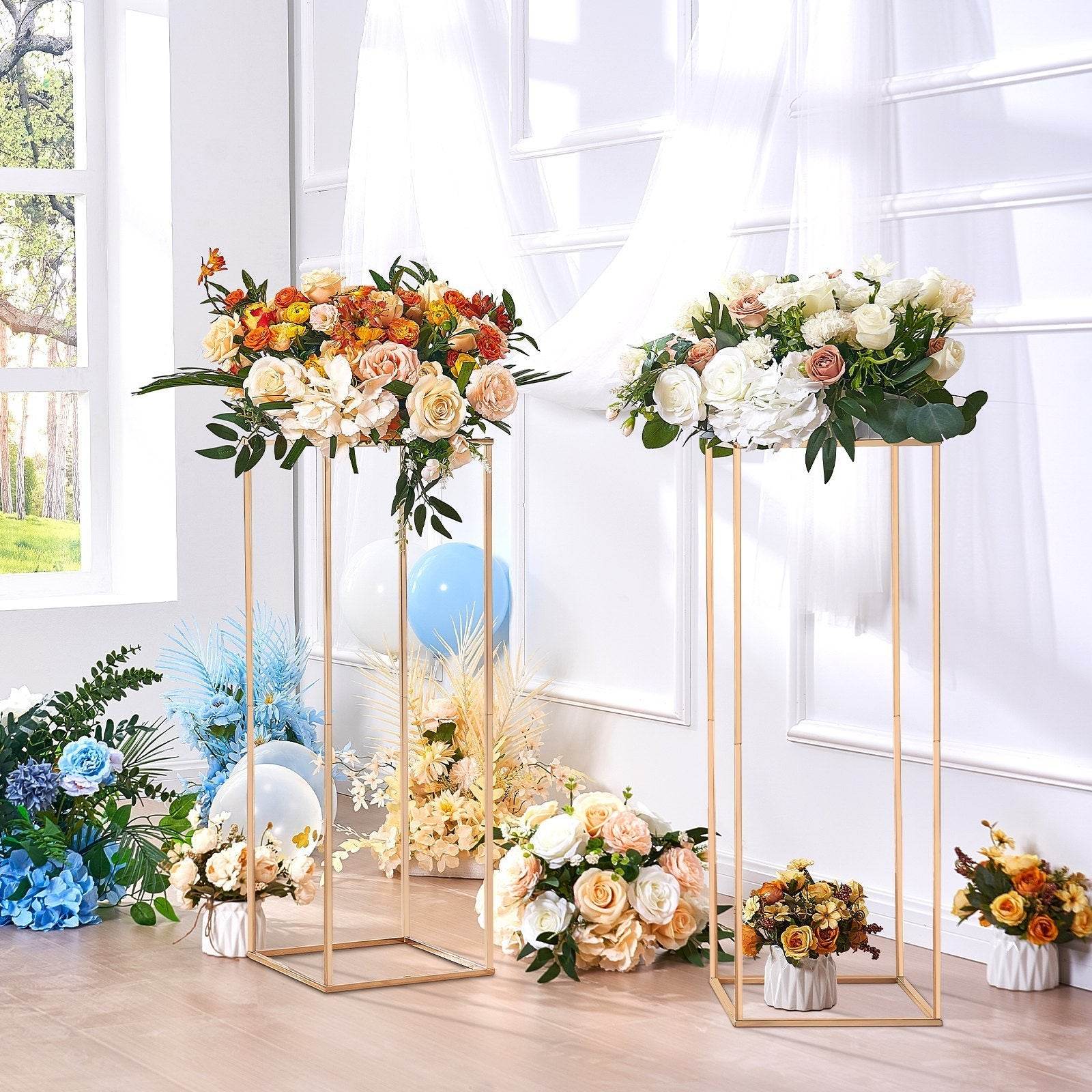 10PCS 31.5inch High Wedding Flower Stand, With Acrylic Laminate,Metal Vase Column Geometric Centerpiece Stands, Gold Rectangular Floral Display Rack For Events Reception, Party Decoration - Velora