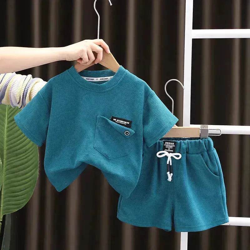 Children's Summer Clothing Casual Plain color Cotton Short Sleeve shirt and Short pant Two-piece Set - Velora