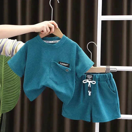 Children's Summer Clothing Casual Plain color Cotton Short Sleeve shirt and Short pant Two-piece Set - Velora