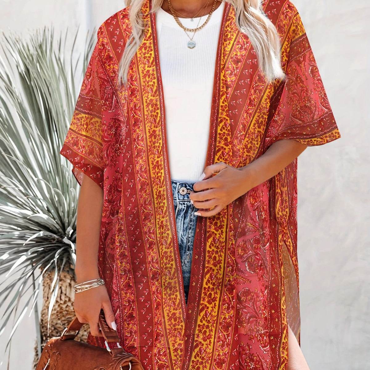 Spring Summer Printed Sun Protection Beach Kimono Cardigan Blouse top Women - Velora