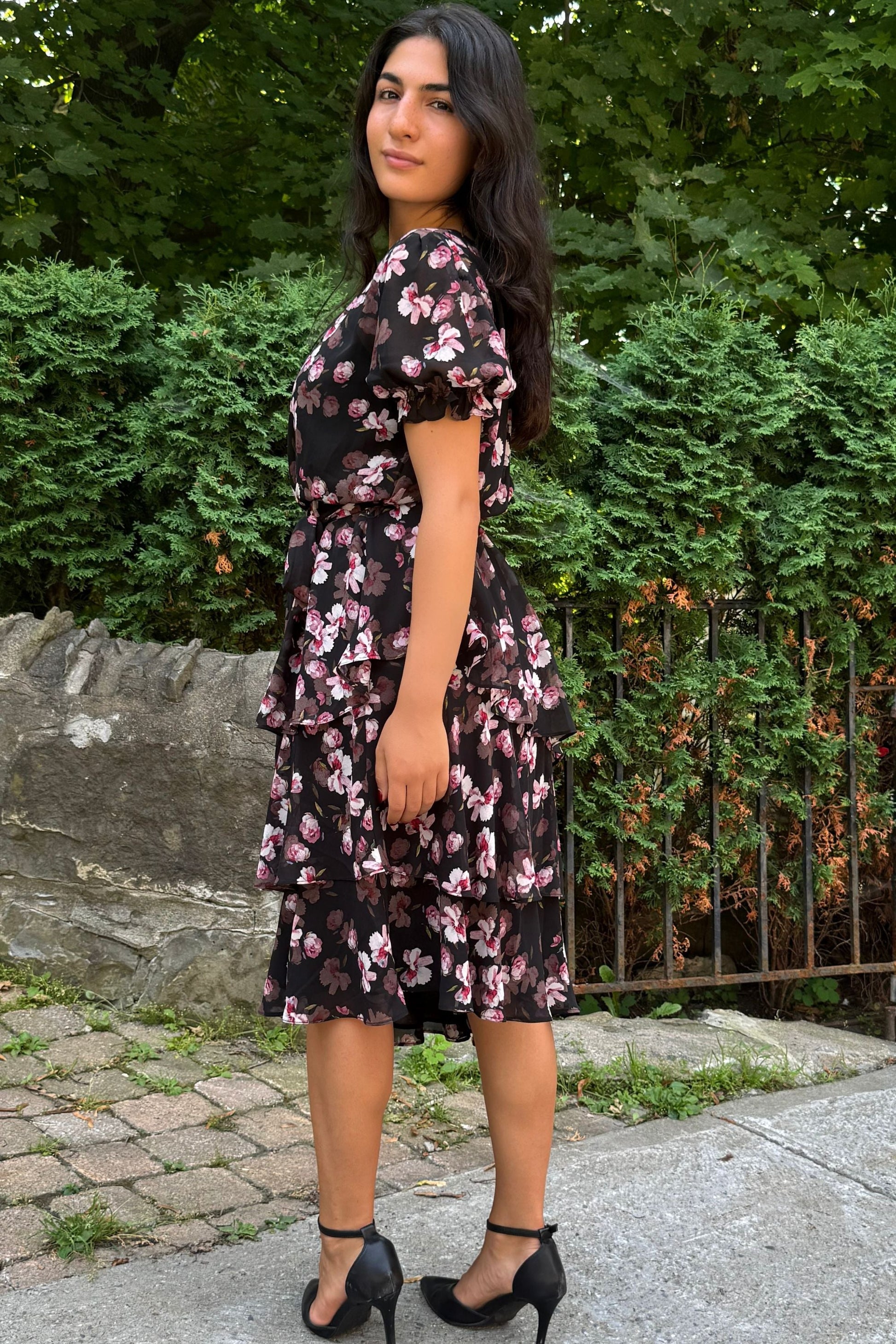 Catalina Black Floral Dress with Layered Hemline - Velora Luxury Fashion