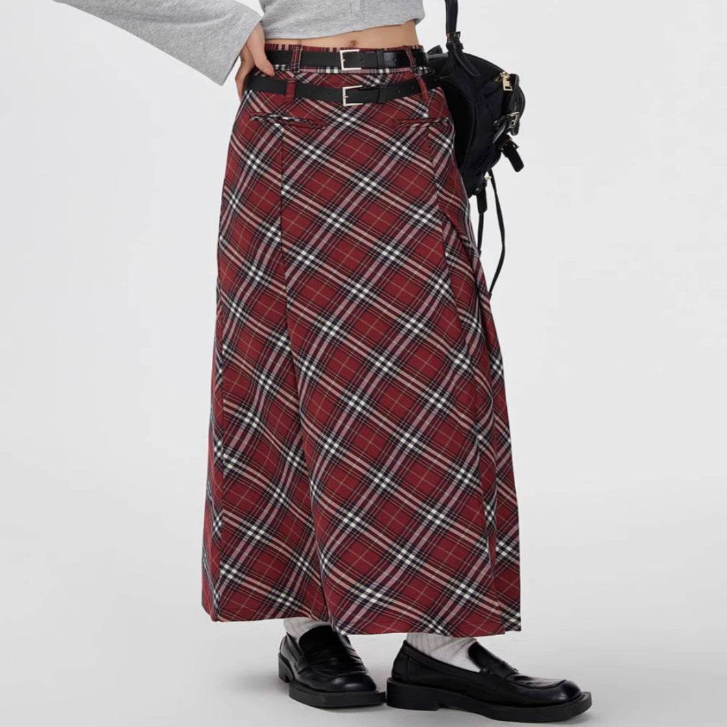 Retro Plaid High Waist student maxi Skirt - Velora