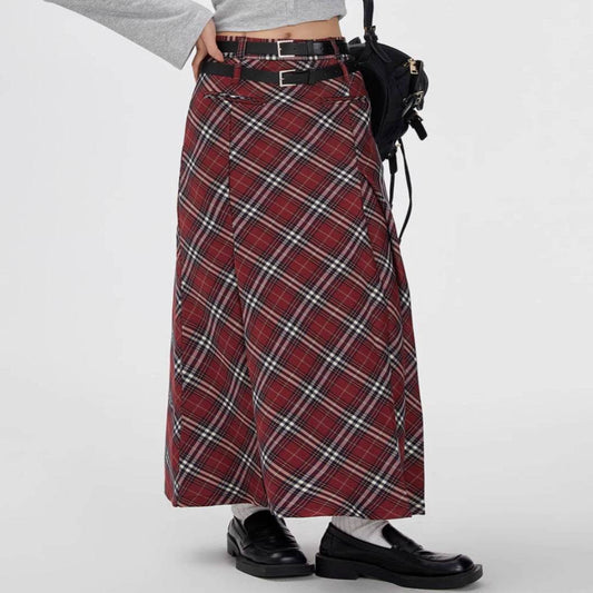 Retro Plaid High Waist student maxi Skirt - Velora