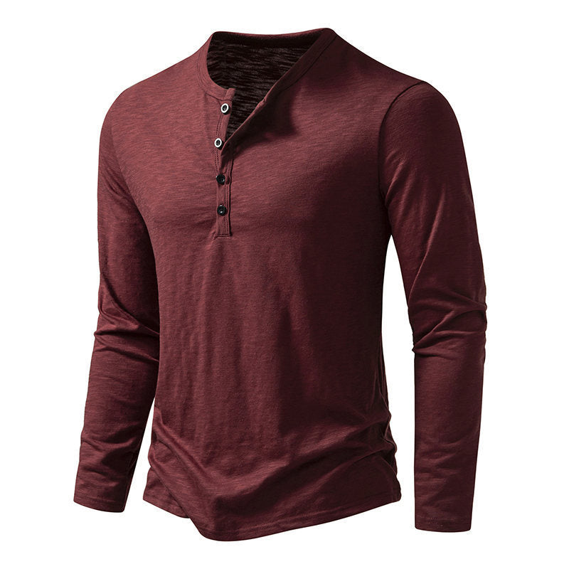 Men's Long-sleeved T-shirt Fashion Casual Solid Color Pullover Button Top Autumn And Spring Clothing Velora