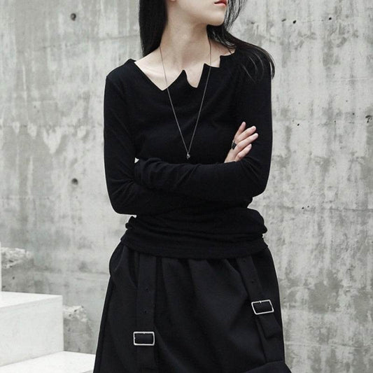 Long Sleeve Top Serrated Irregular Collar Base - Velora