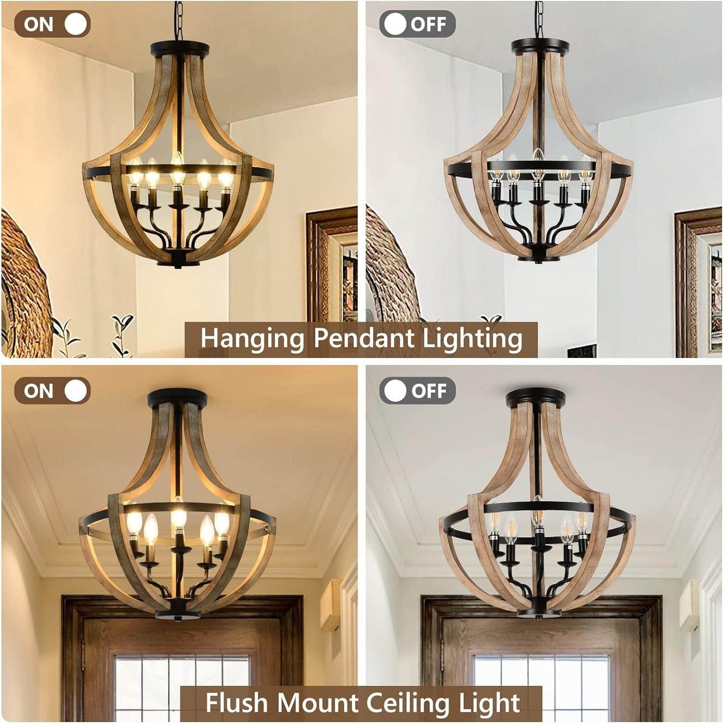 Solid Wood Modern Chandelier For Dining Room, Living Room, Kitchen, Island, Bedroom, Foyer, Height Adjustable, Brown - Velora