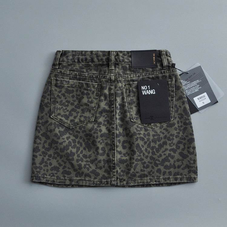 Leopard Print Mini Denim Skirt Women's High Waist Pencil Skirt - Velora