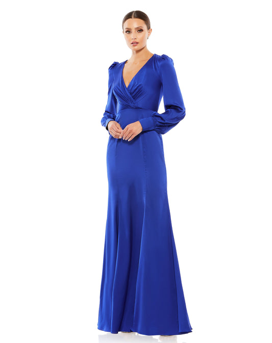 Satin Ruched Bishop Sleeve Gown Elegant Threads