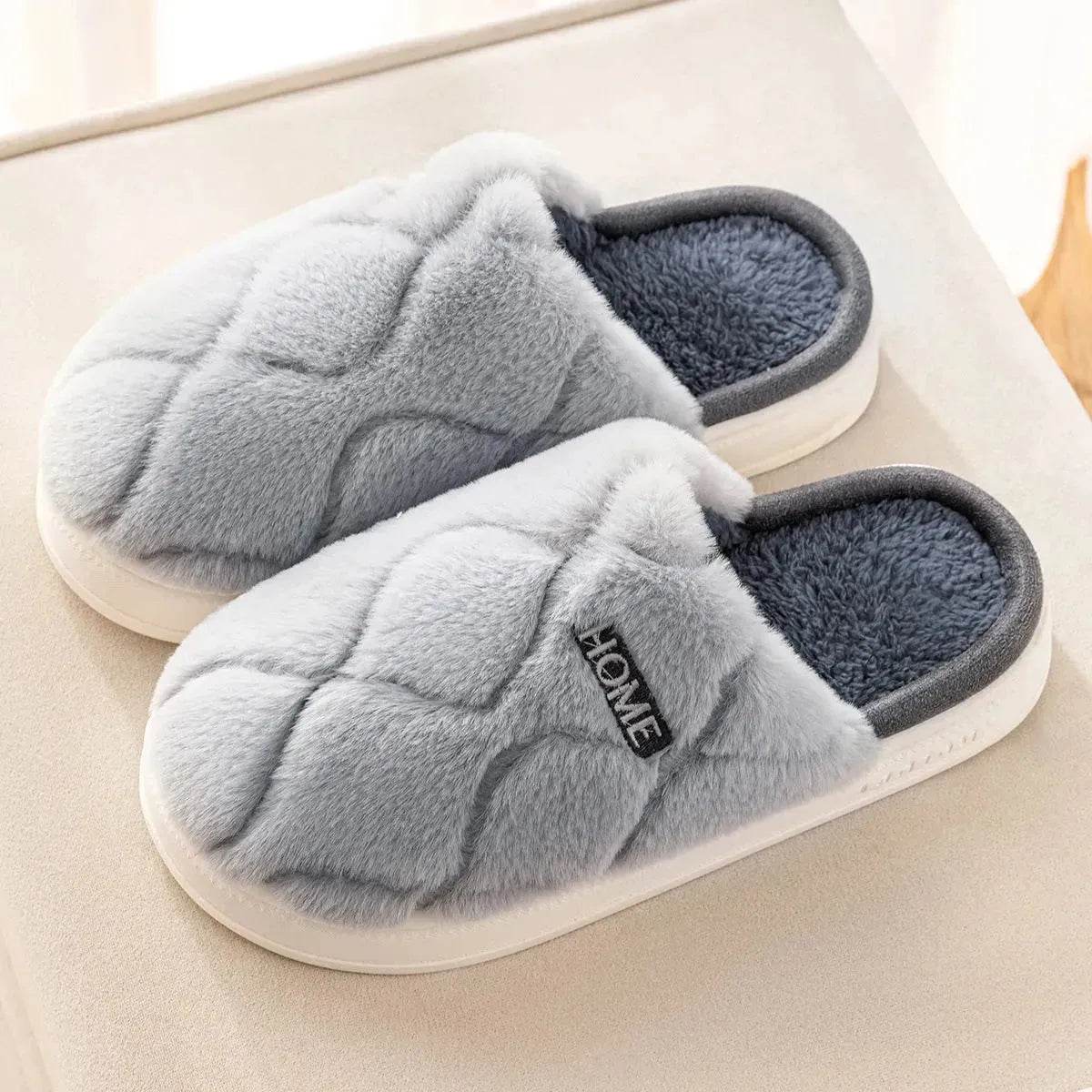 Plush Slippers Winter For Women Indoor Floor Bedroom Home Slipper Warm Solid House Shoes Men Couple - Velora