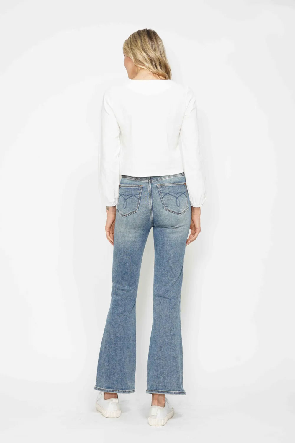 Judy Blue Full Size Tummy Control Back Embroidered Pocketed Bootcut Jeans Plus Size - Velora