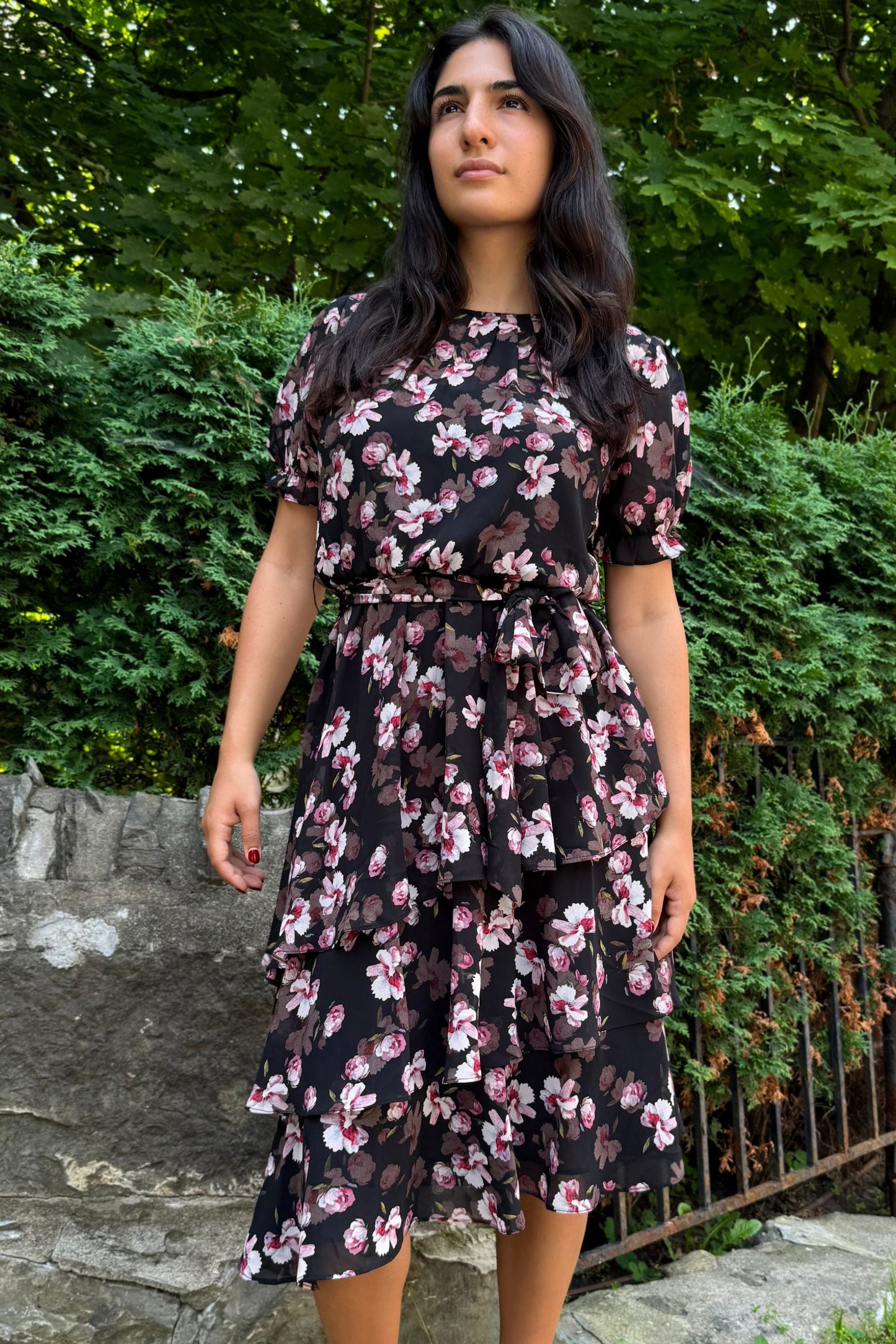 Catalina Black Floral Dress with Layered Hemline - Velora Luxury Fashion