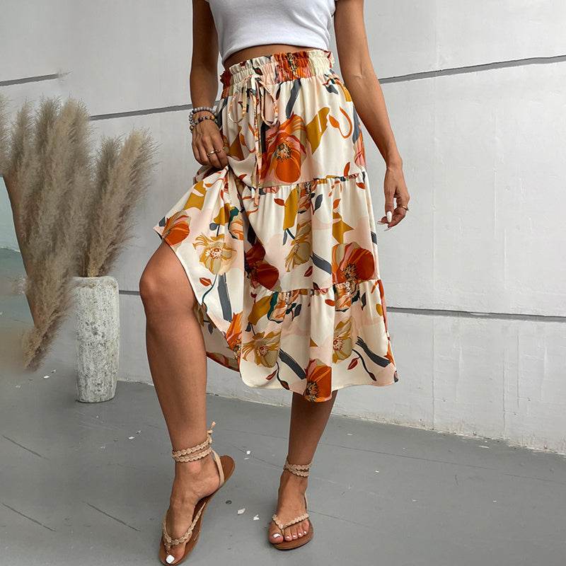 Women's Floral Tiered Midi Skirt Elastic Waist Dressy Casual A-line Flowy Boho Skirts - Velora