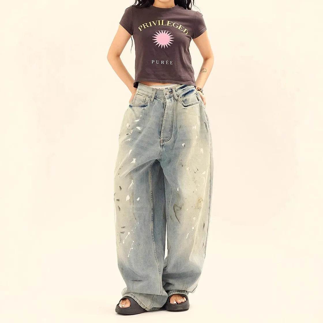 Washed Distressed Casual Loose Wide-leg Baggy Jeans Pant Splash-ink Design Slimming Unisex Style Mop Pants Men And Women - Velora