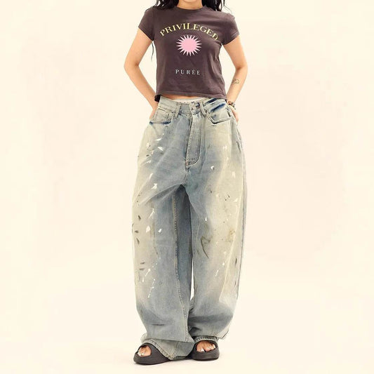 Washed Distressed Casual Loose Wide-leg Baggy Jeans Pant Splash-ink Design Slimming Unisex Style Mop Pants Men And Women - Velora