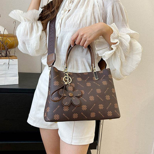 Printed Tote Bag With Flower Pendant New Temperament Shoulder Bag For Women Fashion Large-capacity Crossbody Bag - Velora