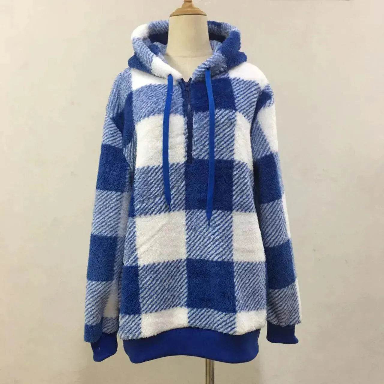 Casual Thick Fleece Plush half zip Plaid Hoodie Pullover top for women - Velora