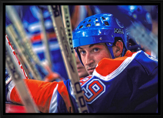 Wayne Gretzky Edmonton Oilers Framed 20x29 Bench Close-Up Canvas Frameworth Sports Marketing