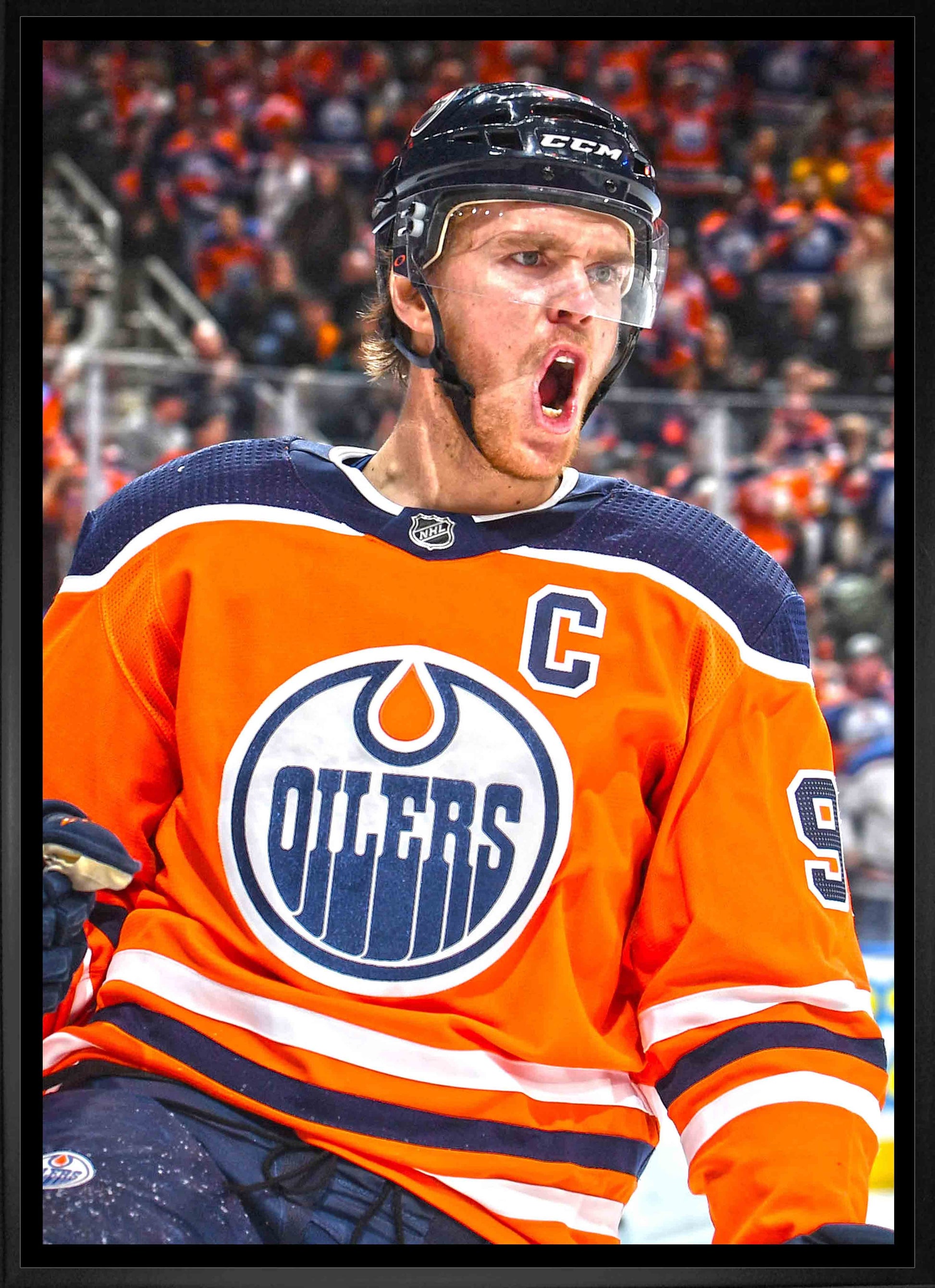 Connor McDavid Edmonton Oilers Framed 20x29 Goal Celebration Close-Up Canvas Frameworth Sports Marketing
