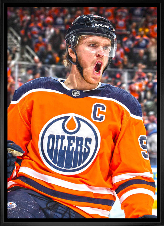 Connor McDavid Edmonton Oilers Framed 20x29 Goal Celebration Close-Up Canvas Frameworth Sports Marketing