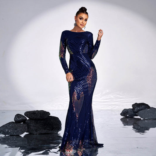Long Sleeve Temperament Crew Neck Sexy Long Sequined Banquet Evening Dress - Velora