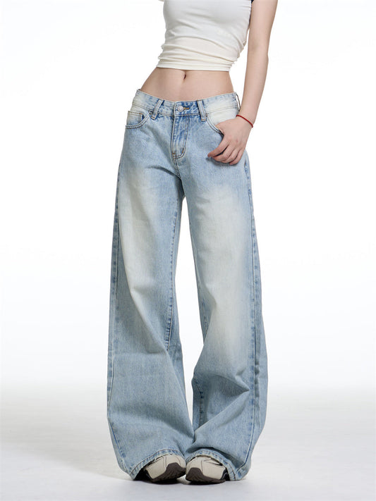 American Retro Washed Wide Leg Jeans Women's Low Waist Loose Straight Velora