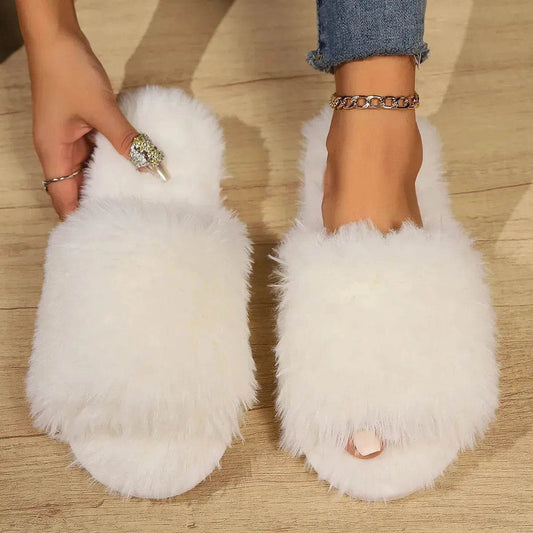 Fashion Open-toed Plush Slippers Winter Warm Indoor Bedroom Floor Soft Fluffy Slipper For Couple Solid Color House Shoes Women - Velora