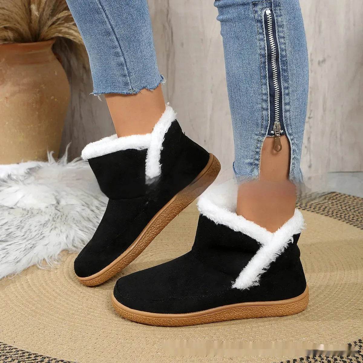 Insulated Cotton-padded Boot Shoes Flat Bottom Solid Color Fleece Lined perfect for winter - Velora