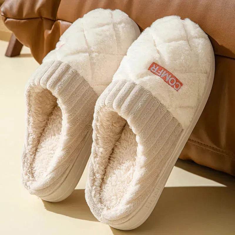 Solid Rhombic Letter Home Slippers Winter Warm Non-slip Floor Bedroom Plush Slipper For Couple House Shoes Women Men - Velora