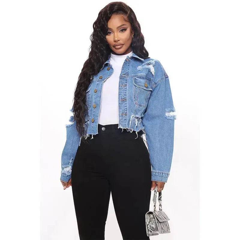 Fashionable Ripped Long sleeve Denim Jeans Crop jacket women short denim jacket oversized cropped denim jacket - Velora