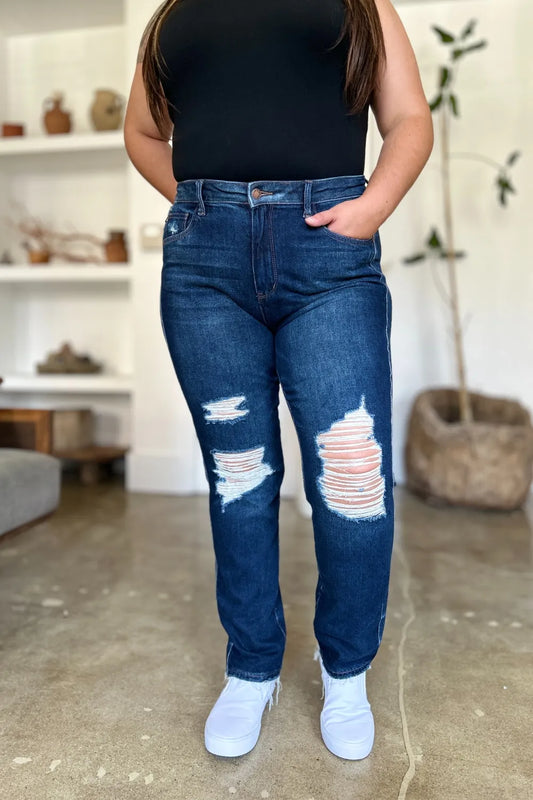Judy Blue Full Size High Waist Rigid Magic Heavy Destroy Straight Jeans - Velora