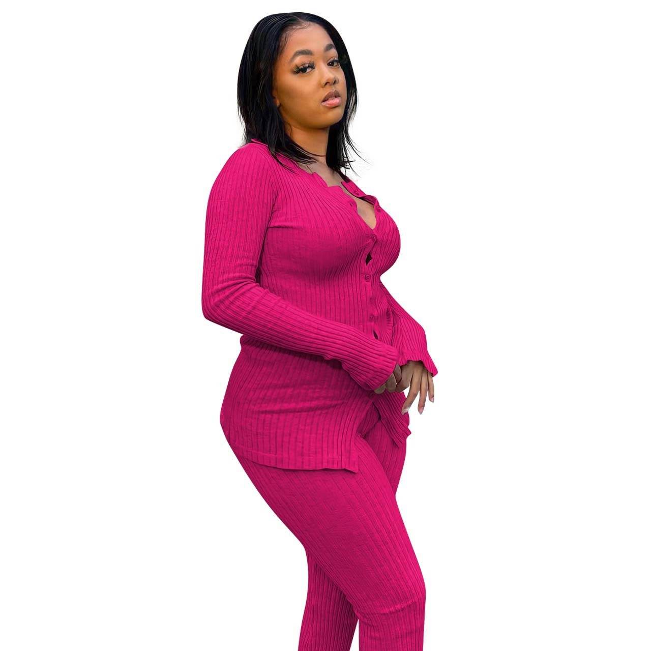 New Fashion Women Casual Slim fit Long sleeve Button down Athleisure wear 2pcs Outfit set - Velora