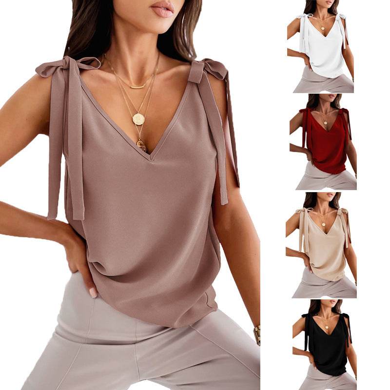 Bowknot Tie Up V-neck top Women Summer Sleeveless Blouse Tops - Velora