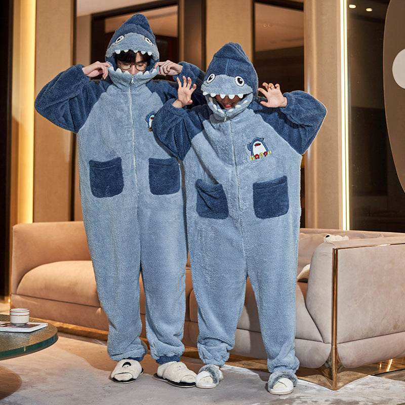 Cute Cartoon Jumpsuit Homewear Couple One-piece Nightgown Coral Fleece Winter Thickened Plush Pajamas For Women Home Clothes - Velora