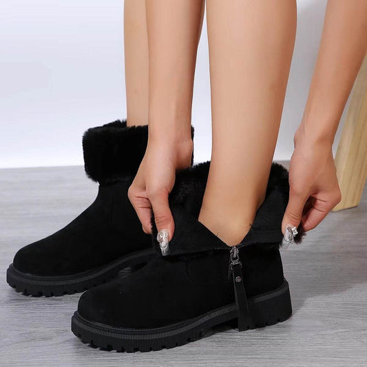 Warm Plush Boots Winter Fashion Side-Zipper Snow Boot For Women Outdoor Thickened Low-heelded Shoes - Velora