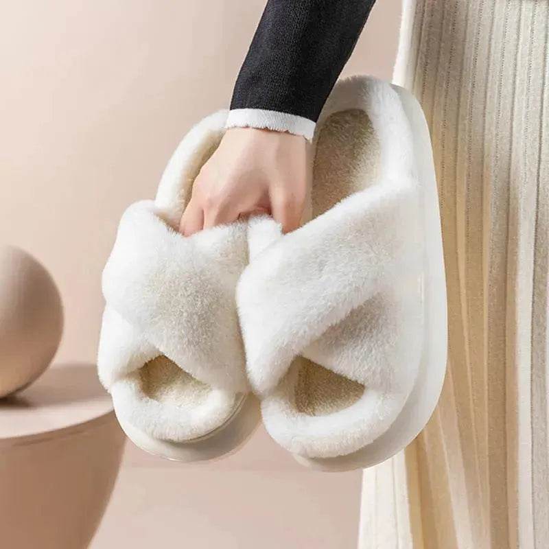 Women's Platform Fuzzy Home Slippers Winter Open Toe Criss-cross Solid Color Casual Floor Slides Indoor Flat Comfy House Shoes - Velora