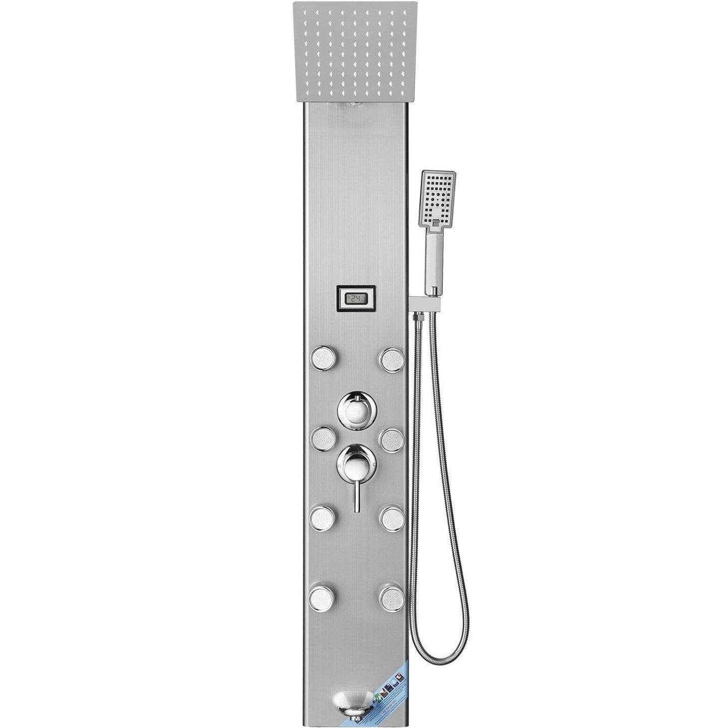 Shower Panel System, 5 Shower Modes, Digital Display Shower Panel Tower, Rainfall, 8 Massage Jets, Tub Spout, 3-Setting Handheld Shower Head 59 Hose, Stainless Steel Wall-Mounted Shower Set - Velora