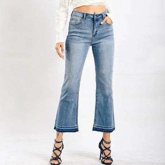 Women's Washed Elastic Loose Wide Leg Ankle-length Bootcut Jeans - Velora