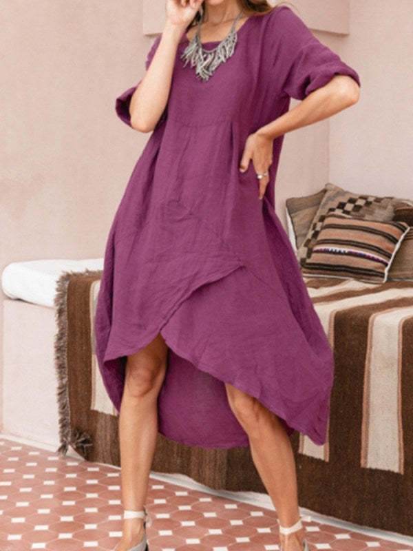Women Maxi Dress Neck Pocket Summer Loose Casual Baggy Robe Female Retro Long Dresses - Velora