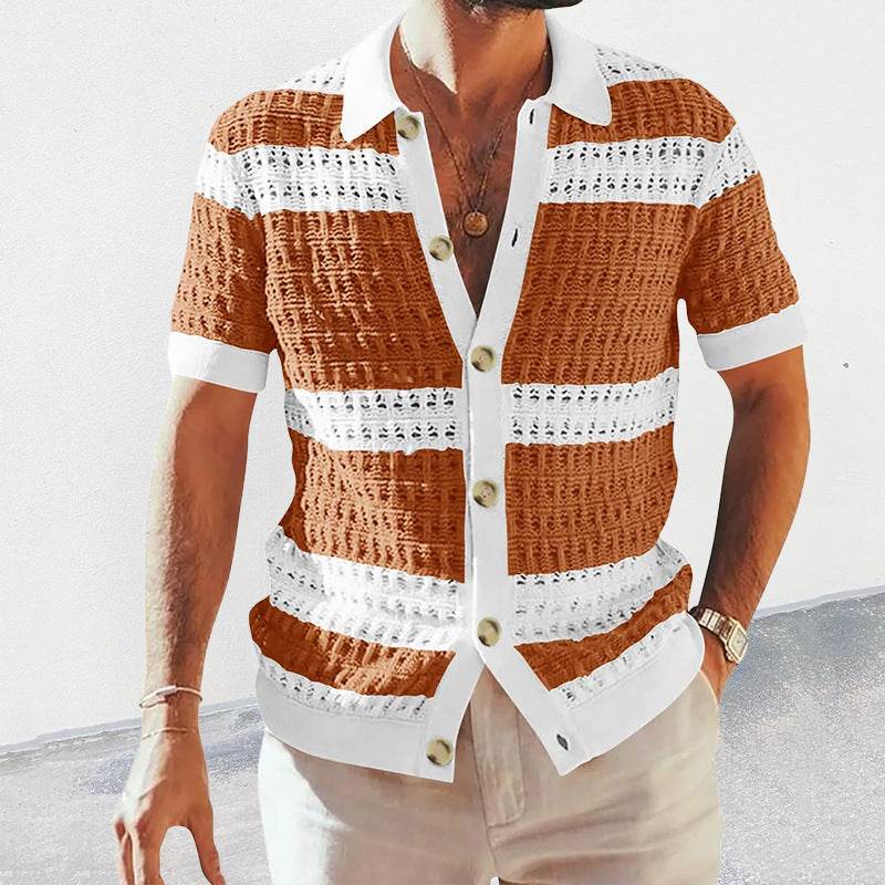 Summer Luxury Fashion New Knitted Shirt Men's Polo Neck Short Sleeve Colored Hollow Breathable Cardigan Men's Top Coat - Velora