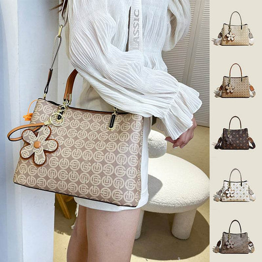 Printed Tote Bag With Flower Pendant New Temperament Shoulder Bag For Women Fashion Large-capacity Crossbody Bag - Velora