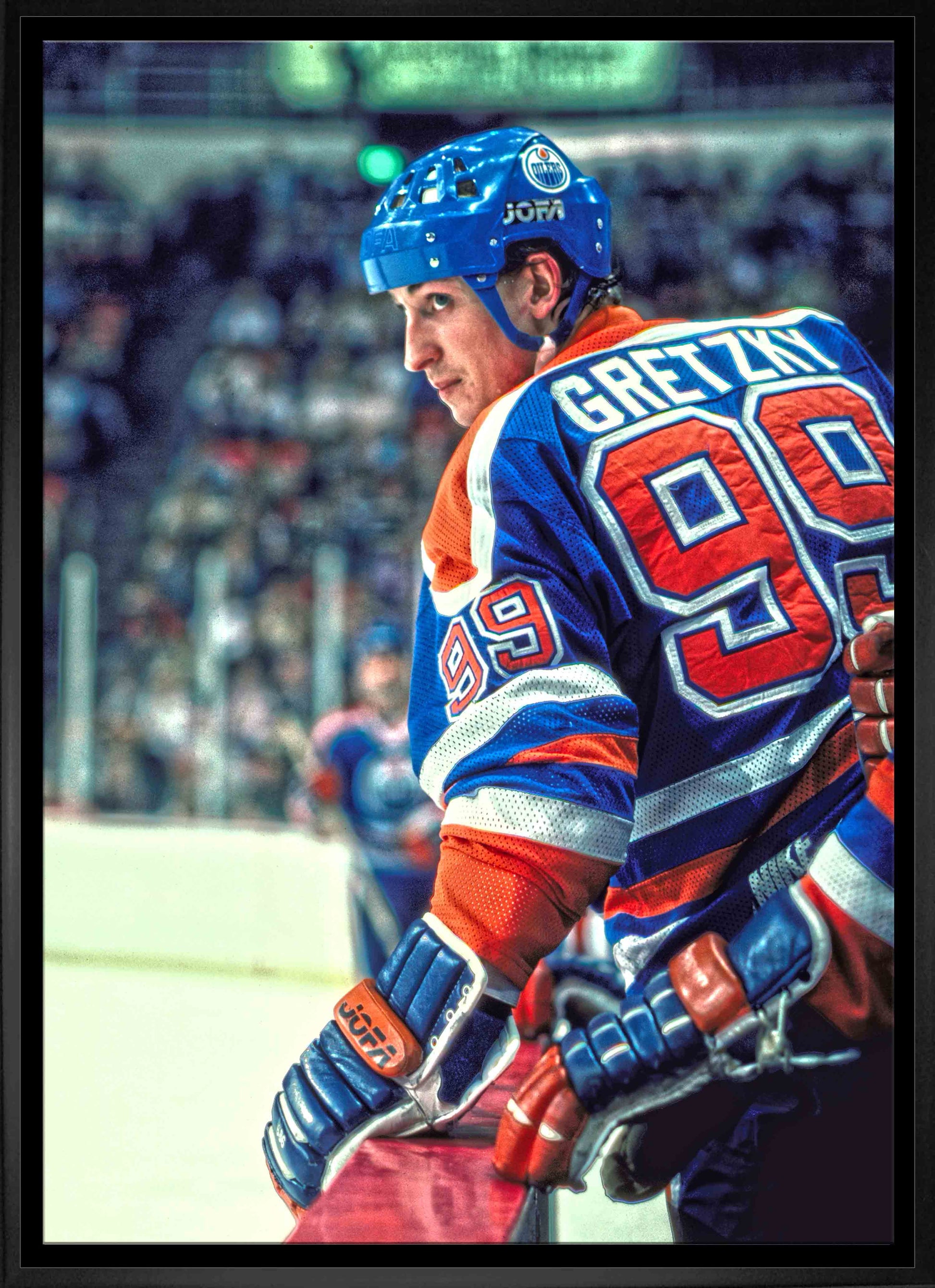 Wayne Gretzky Edmonton Oilers Framed 20x29 Jumping Over Bench Canvas Frameworth Sports Marketing