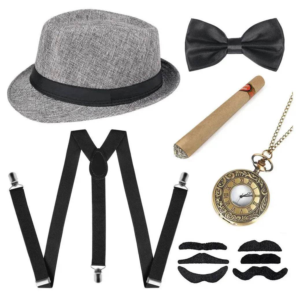 Party Men's Top Hat Pipe Pocket Watch Strap Tie Fake Cigar Set - Velora
