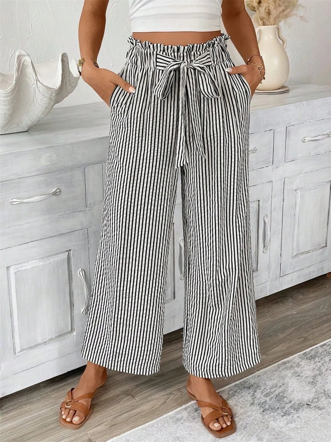 Full Size Striped Wide Leg Paper Bag Pants Plus Size - Velora