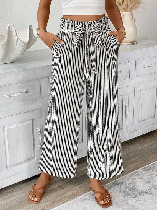 Full Size Striped Wide Leg Paper Bag Pants Plus Size - Velora
