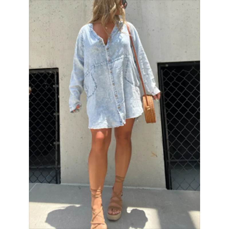 Women's Denim Washed Loose Shirt Dress - Velora
