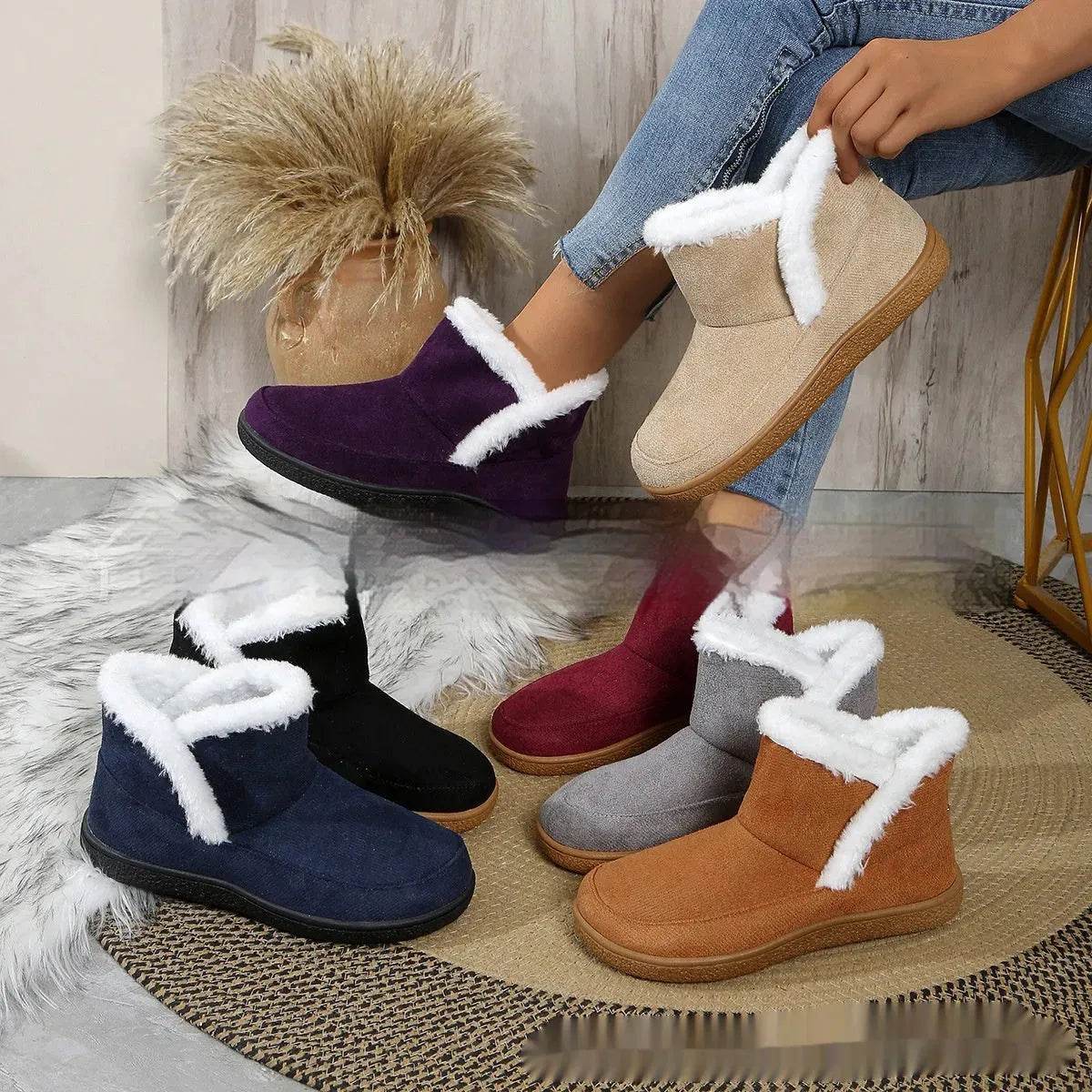 Insulated Cotton-padded Boot Shoes Flat Bottom Solid Color Fleece Lined perfect for winter - Velora