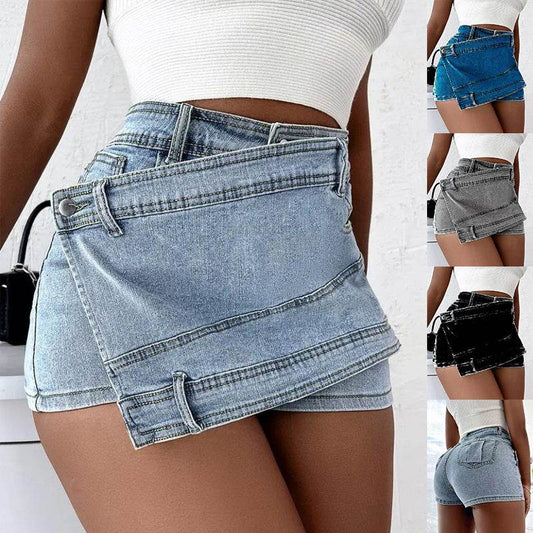 Y2K Street Vintage Denim Shorts Stretch Overlap Waist Wrap Solid Asymmetrical Hem A-Line Skinny Mini Skorts Skirt - Velora