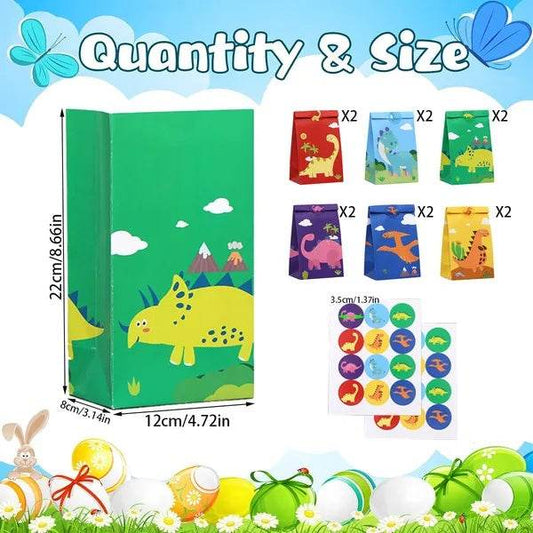12Packs Christmas Dinosaur Candy Bags With 24Pcs Stickers Party Favor Bags Paper Gift Bags Treat Goody Gift Wrapping Bags For Christmas Halloween Dinosaur Themed Birthday Party Supplies - Velora